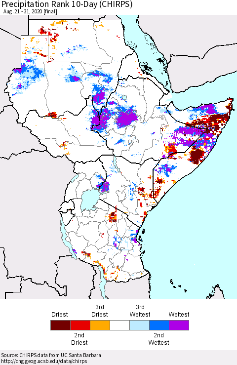 Eastern Africa Precipitation Rank 10-Day (CHIRPS) Thematic Map For 8/21/2020 - 8/31/2020