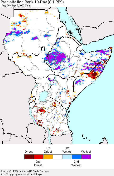Eastern Africa Precipitation Rank 10-Day (CHIRPS) Thematic Map For 8/26/2020 - 9/5/2020