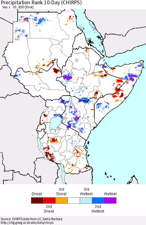 Eastern Africa Precipitation Rank 10-Day (CHIRPS) Thematic Map For 9/1/2020 - 9/10/2020