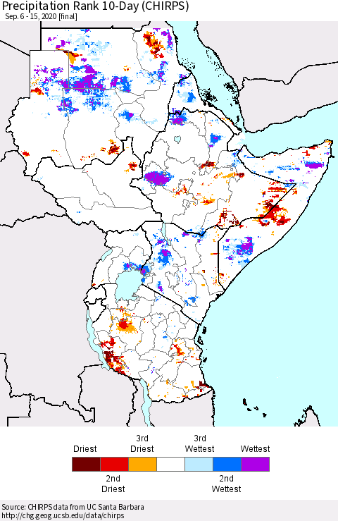 Eastern Africa Precipitation Rank 10-Day (CHIRPS) Thematic Map For 9/6/2020 - 9/15/2020
