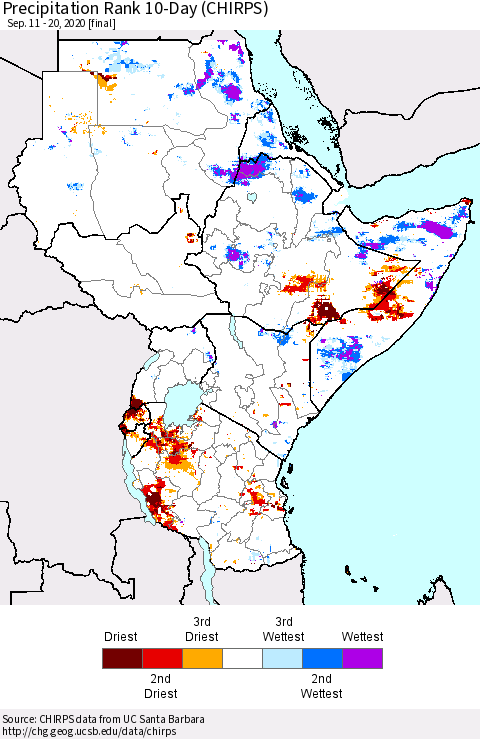 Eastern Africa Precipitation Rank 10-Day (CHIRPS) Thematic Map For 9/11/2020 - 9/20/2020