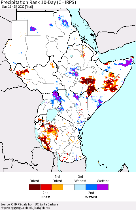 Eastern Africa Precipitation Rank since 1981, 10-Day (CHIRPS) Thematic Map For 9/16/2020 - 9/25/2020