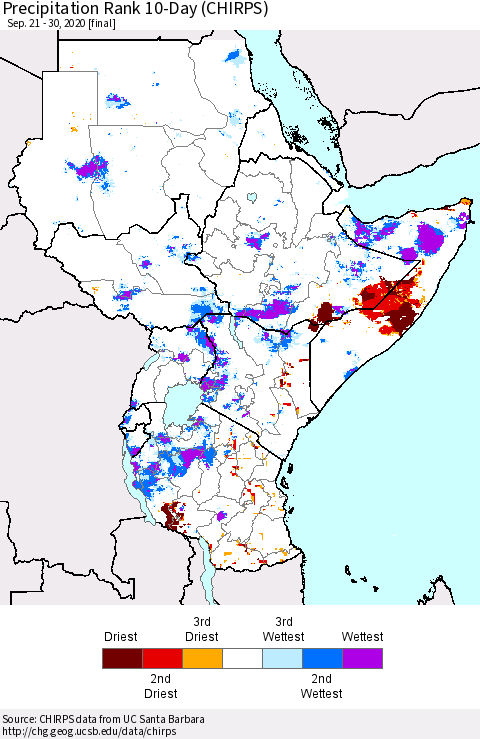 Eastern Africa Precipitation Rank 10-Day (CHIRPS) Thematic Map For 9/21/2020 - 9/30/2020