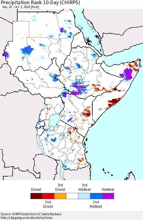 Eastern Africa Precipitation Rank 10-Day (CHIRPS) Thematic Map For 9/26/2020 - 10/5/2020