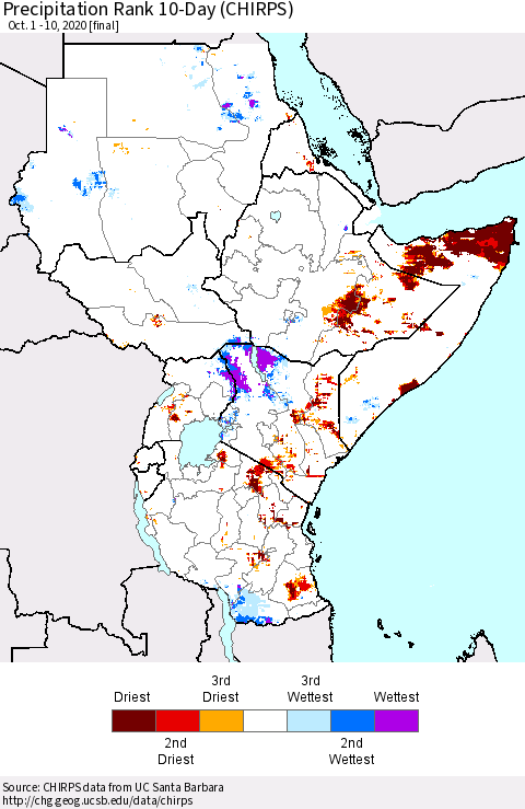 Eastern Africa Precipitation Rank 10-Day (CHIRPS) Thematic Map For 10/1/2020 - 10/10/2020