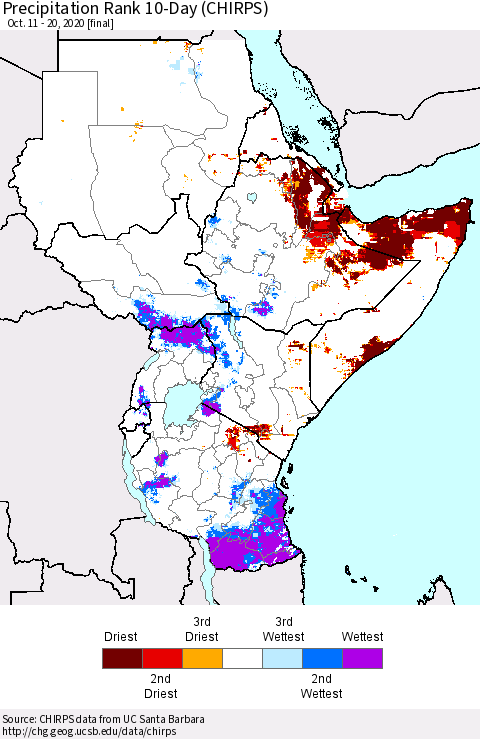 Eastern Africa Precipitation Rank 10-Day (CHIRPS) Thematic Map For 10/11/2020 - 10/20/2020