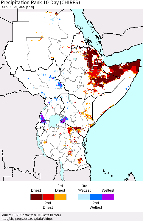 Eastern Africa Precipitation Rank 10-Day (CHIRPS) Thematic Map For 10/16/2020 - 10/25/2020