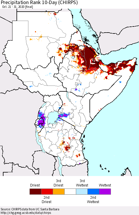 Eastern Africa Precipitation Rank 10-Day (CHIRPS) Thematic Map For 10/21/2020 - 10/31/2020
