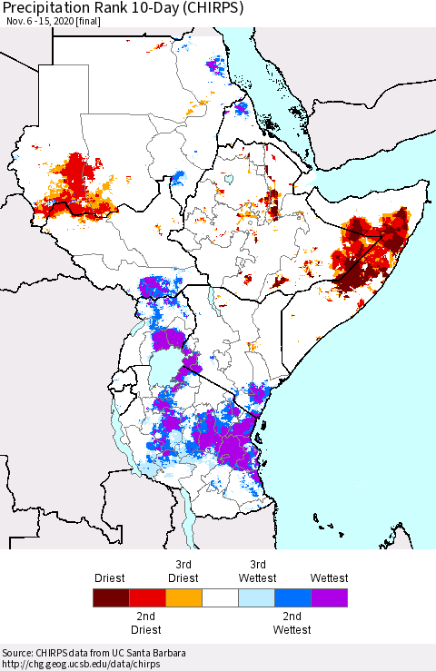 Eastern Africa Precipitation Rank 10-Day (CHIRPS) Thematic Map For 11/6/2020 - 11/15/2020