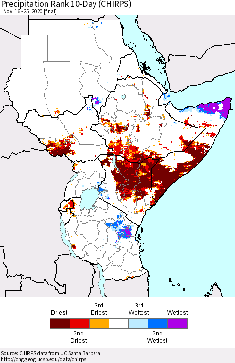 Eastern Africa Precipitation Rank 10-Day (CHIRPS) Thematic Map For 11/16/2020 - 11/25/2020