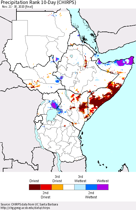 Eastern Africa Precipitation Rank 10-Day (CHIRPS) Thematic Map For 11/21/2020 - 11/30/2020
