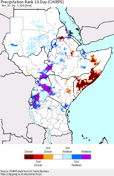 Eastern Africa Precipitation Rank since 1981, 10-Day (CHIRPS) Thematic Map For 11/26/2020 - 12/5/2020