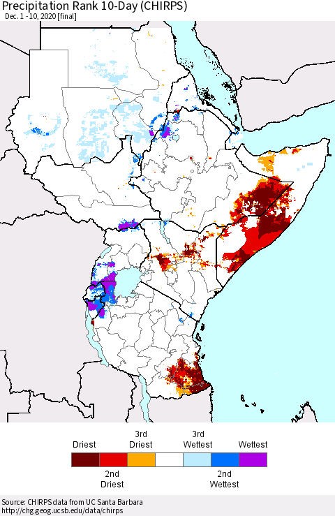 Eastern Africa Precipitation Rank 10-Day (CHIRPS) Thematic Map For 12/1/2020 - 12/10/2020