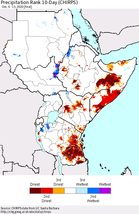 Eastern Africa Precipitation Rank since 1981, 10-Day (CHIRPS) Thematic Map For 12/6/2020 - 12/15/2020