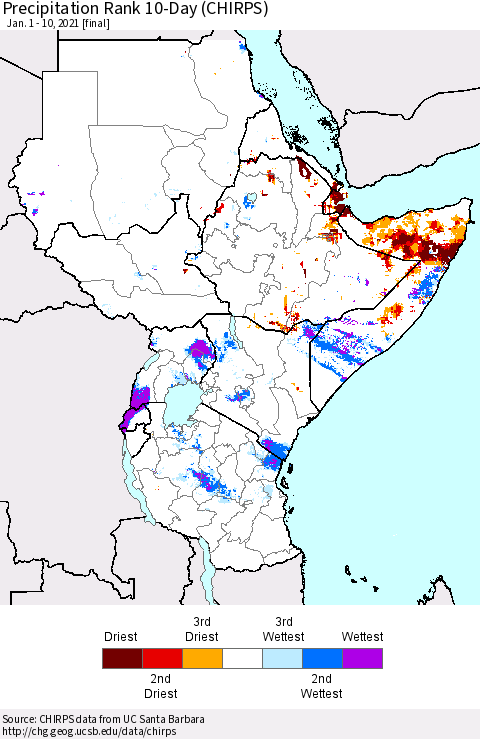 Eastern Africa Precipitation Rank 10-Day (CHIRPS) Thematic Map For 1/1/2021 - 1/10/2021