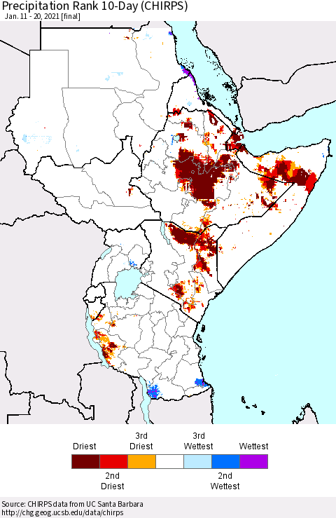 Eastern Africa Precipitation Rank 10-Day (CHIRPS) Thematic Map For 1/11/2021 - 1/20/2021