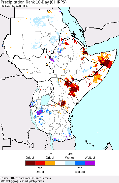 Eastern Africa Precipitation Rank 10-Day (CHIRPS) Thematic Map For 1/21/2021 - 1/31/2021