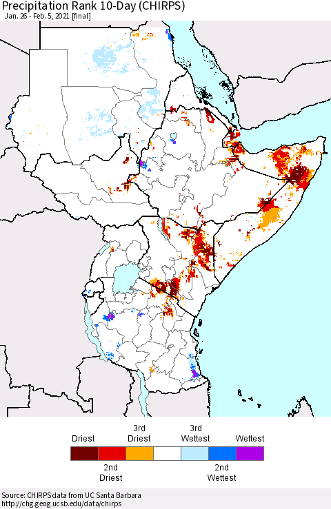 Eastern Africa Precipitation Rank since 1981, 10-Day (CHIRPS) Thematic Map For 1/26/2021 - 2/5/2021