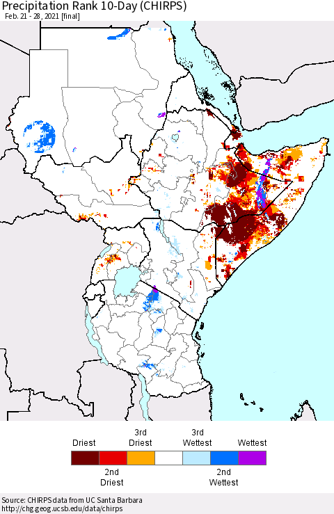Eastern Africa Precipitation Rank 10-Day (CHIRPS) Thematic Map For 2/21/2021 - 2/28/2021