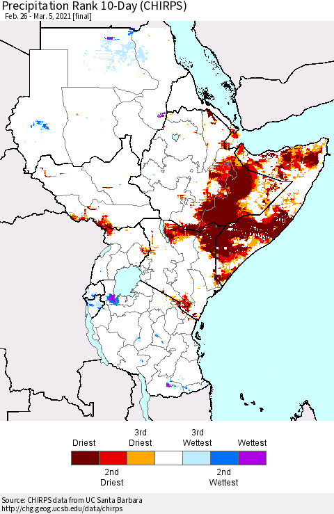 Eastern Africa Precipitation Rank 10-Day (CHIRPS) Thematic Map For 2/26/2021 - 3/5/2021