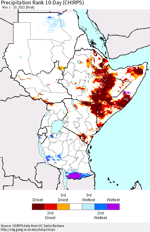 Eastern Africa Precipitation Rank 10-Day (CHIRPS) Thematic Map For 3/1/2021 - 3/10/2021