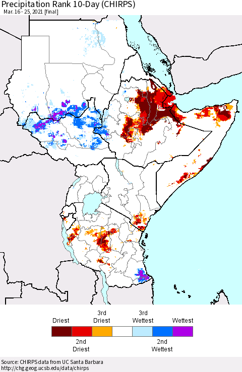 Eastern Africa Precipitation Rank 10-Day (CHIRPS) Thematic Map For 3/16/2021 - 3/25/2021