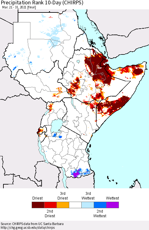 Eastern Africa Precipitation Rank 10-Day (CHIRPS) Thematic Map For 3/21/2021 - 3/31/2021