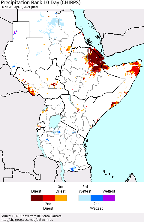 Eastern Africa Precipitation Rank 10-Day (CHIRPS) Thematic Map For 3/26/2021 - 4/5/2021