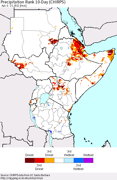 Eastern Africa Precipitation Rank since 1981, 10-Day (CHIRPS) Thematic Map For 4/6/2021 - 4/15/2021