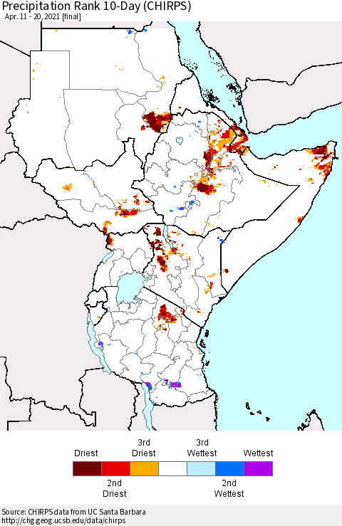 Eastern Africa Precipitation Rank since 1981, 10-Day (CHIRPS) Thematic Map For 4/11/2021 - 4/20/2021