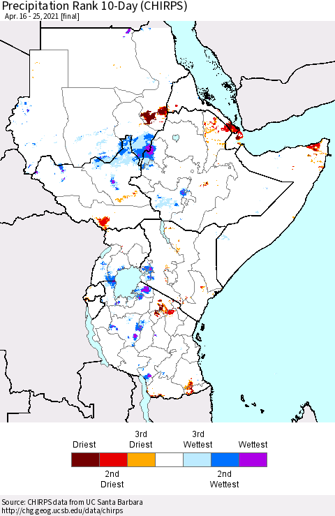 Eastern Africa Precipitation Rank since 1981, 10-Day (CHIRPS) Thematic Map For 4/16/2021 - 4/25/2021