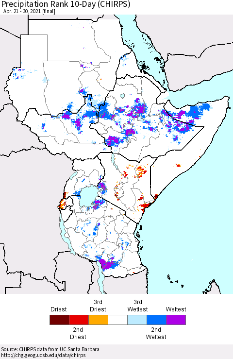 Eastern Africa Precipitation Rank since 1981, 10-Day (CHIRPS) Thematic Map For 4/21/2021 - 4/30/2021