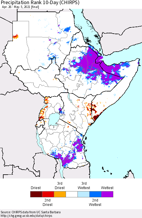 Eastern Africa Precipitation Rank 10-Day (CHIRPS) Thematic Map For 4/26/2021 - 5/5/2021
