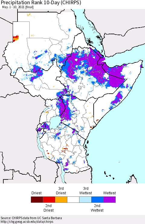 Eastern Africa Precipitation Rank 10-Day (CHIRPS) Thematic Map For 5/1/2021 - 5/10/2021