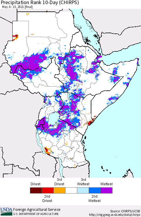 Eastern Africa Precipitation Rank 10-Day (CHIRPS) Thematic Map For 5/6/2021 - 5/15/2021