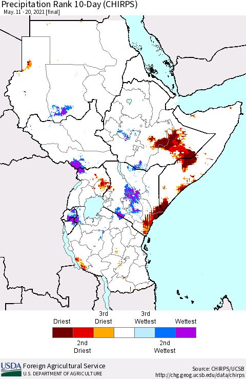 Eastern Africa Precipitation Rank since 1981, 10-Day (CHIRPS) Thematic Map For 5/11/2021 - 5/20/2021
