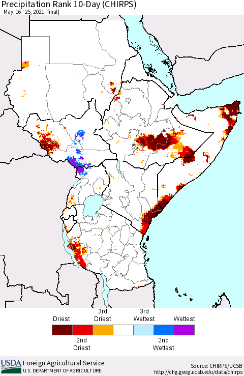 Eastern Africa Precipitation Rank 10-Day (CHIRPS) Thematic Map For 5/16/2021 - 5/25/2021