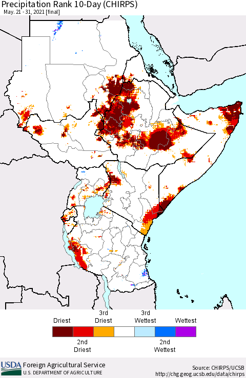 Eastern Africa Precipitation Rank 10-Day (CHIRPS) Thematic Map For 5/21/2021 - 5/31/2021