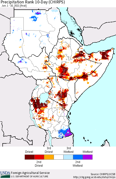 Eastern Africa Precipitation Rank 10-Day (CHIRPS) Thematic Map For 6/1/2021 - 6/10/2021