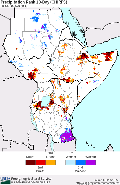 Eastern Africa Precipitation Rank 10-Day (CHIRPS) Thematic Map For 6/6/2021 - 6/15/2021