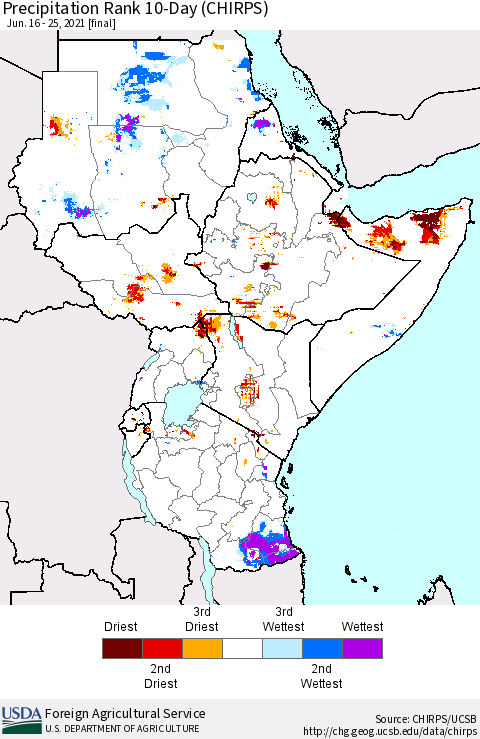 Eastern Africa Precipitation Rank 10-Day (CHIRPS) Thematic Map For 6/16/2021 - 6/25/2021