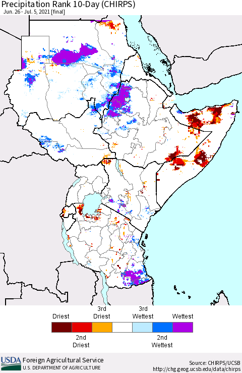 Eastern Africa Precipitation Rank since 1981, 10-Day (CHIRPS) Thematic Map For 6/26/2021 - 7/5/2021