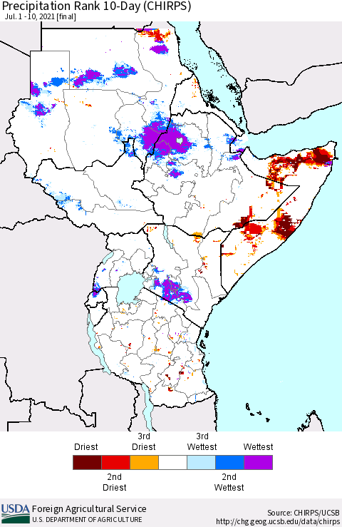 Eastern Africa Precipitation Rank 10-Day (CHIRPS) Thematic Map For 7/1/2021 - 7/10/2021