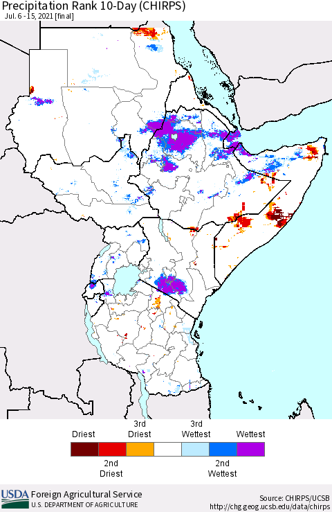 Eastern Africa Precipitation Rank since 1981, 10-Day (CHIRPS) Thematic Map For 7/6/2021 - 7/15/2021