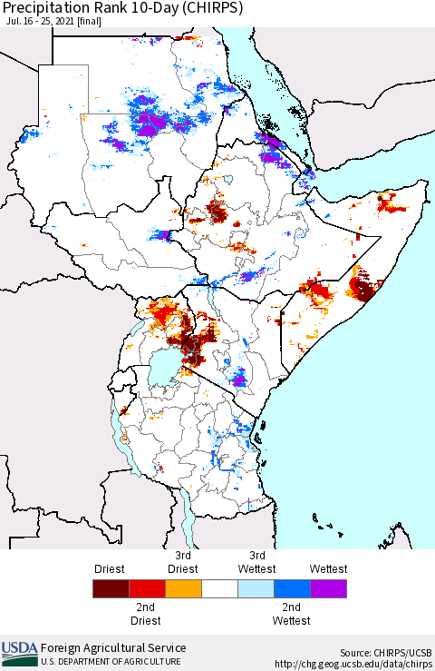 Eastern Africa Precipitation Rank 10-Day (CHIRPS) Thematic Map For 7/16/2021 - 7/25/2021