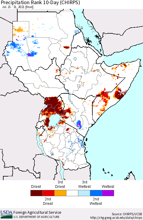 Eastern Africa Precipitation Rank 10-Day (CHIRPS) Thematic Map For 7/21/2021 - 7/31/2021