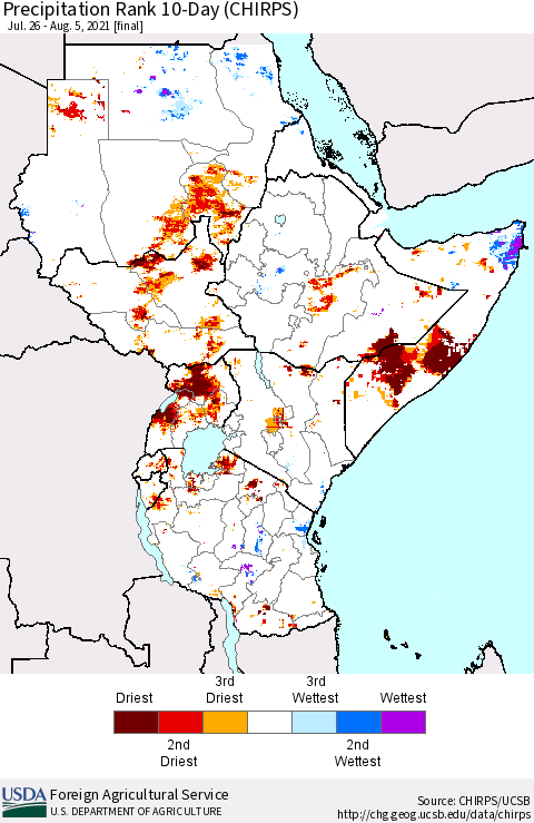 Eastern Africa Precipitation Rank 10-Day (CHIRPS) Thematic Map For 7/26/2021 - 8/5/2021