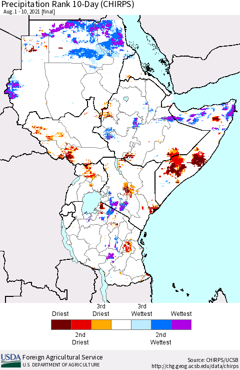Eastern Africa Precipitation Rank 10-Day (CHIRPS) Thematic Map For 8/1/2021 - 8/10/2021