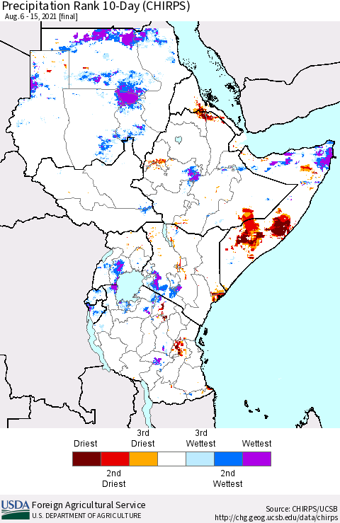 Eastern Africa Precipitation Rank 10-Day (CHIRPS) Thematic Map For 8/6/2021 - 8/15/2021