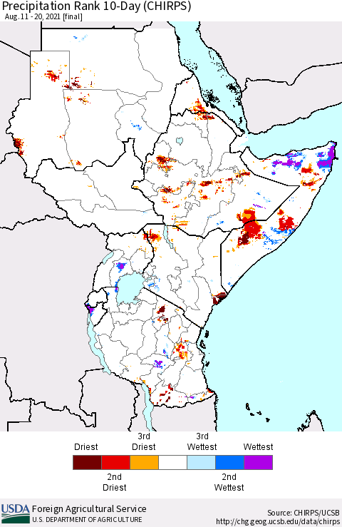 Eastern Africa Precipitation Rank 10-Day (CHIRPS) Thematic Map For 8/11/2021 - 8/20/2021